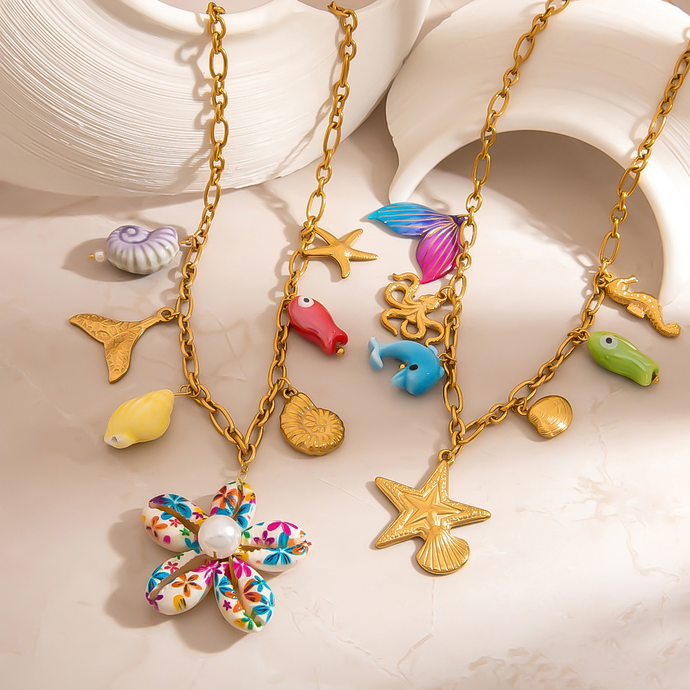 Collier Pendentif Oceanic En Acier Inoxydable Étanche Couleur Or (1 Pièce) h5Image3