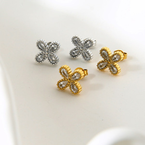 Boucles D'Oreilles Puces Élégantes En Acier Inoxydable Doré, Ornées De Zircon, Style Romantique, En Forme De Fleur, Étanches. h5 Image3