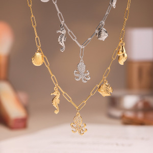 Collier Pendentif Femme En Acier Inoxydable, Couleur Or, Représentant Un Organisme Marin (1 Pièce) h5 Image3