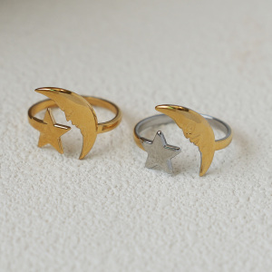 Bague Tendance Simple Et Décontractée En Acier Inoxydable Couleur Or, Avec Motif Lune. h5 Image6