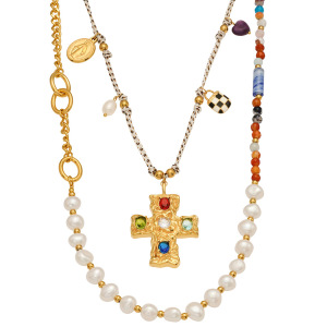 Collier Pendentif Femme Classique En Forme De Croix, Perles, Acier Inoxydable, Couleur Or, Zircon, Étanche (1 Pièce) h5 Image7