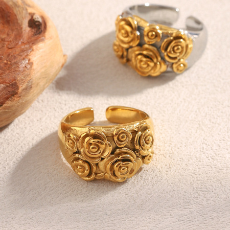 Bague romantique en acier inoxydable doré, imperméable, avec motif floral (1 pièce) 2