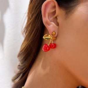 1 Paire De Boucles D'Oreilles Pendantes Pour Femme, En Acier Inoxydable Doré, Couleur Cerise Vive. h5 Image4