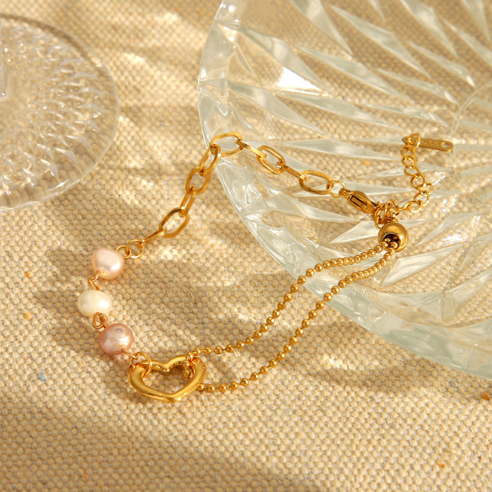 1 Paire De Bracelets À Maillons Pour Femme, Motif Cœur, En Acier Inoxydable, Couleur Or, Étanches, Avec Pierre Naturelle. Image3
