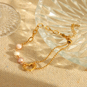 1 Paire De Bracelets À Maillons Pour Femme, Motif Cœur, En Acier Inoxydable, Couleur Or, Étanches, Avec Pierre Naturelle. h5 Image3