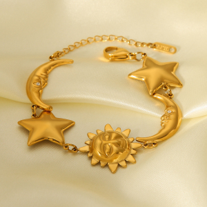 Bracelet Classique Lune Et Étoile En Acier Inoxydable Étanche Couleur Or Pour Femme (1 Pièce) h5 Image8
