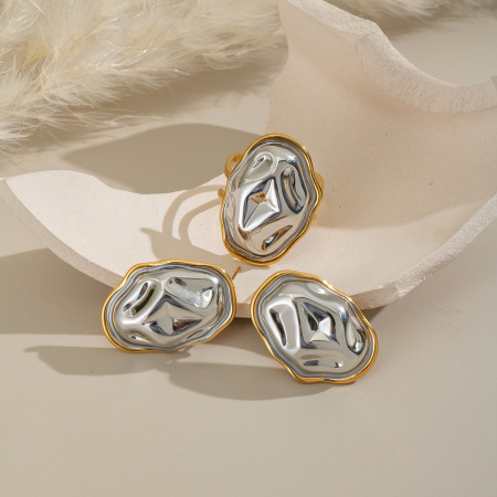 1 paire de boucles d'oreilles à clous en acier inoxydable imperméable, motif martelé, couleurs assorties 2