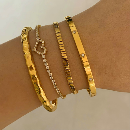Bracelet jonc classique en acier inoxydable, étanche, couleur or, avec zircon, en forme de cœur