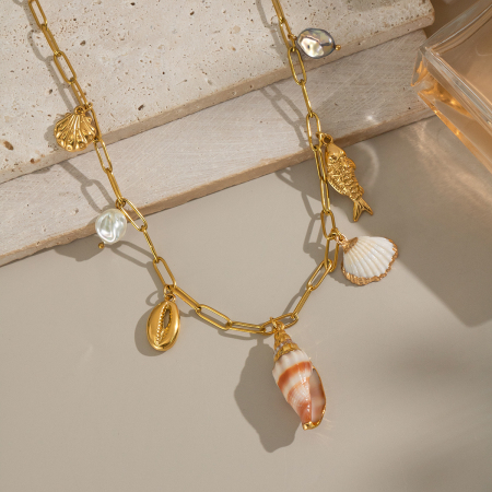 Collier pendentif en acier inoxydable doré, étanche, en forme de coquillage