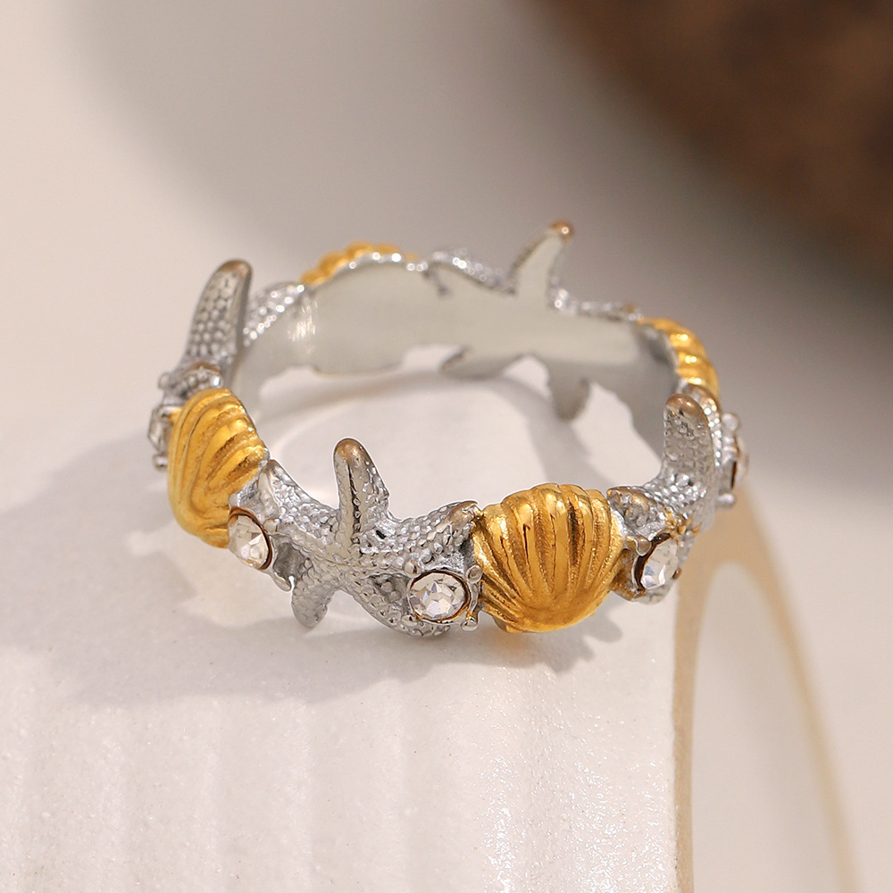 Bague Tendance En Acier Inoxydable Doré, Ornée D'Étoiles De Mer Et De Coquillages (1 Pièce) Image3