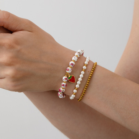 Bracelet de perles pour femme, série luxueuse, motif floral rétro, couleur or, en céramique