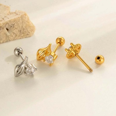 Boucles d'oreilles piercing pour femme, 1 pièce, feuille brillante, cuivre, couleur or, zircon 2
