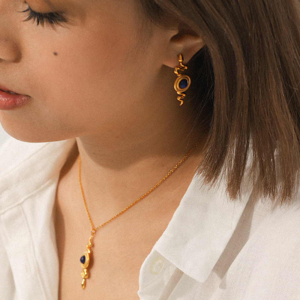 Collier Simple Avec Pendentif Serpent En Acier Inoxydable Et Pierre Naturelle Pour Femme, 1 Pièce Image3