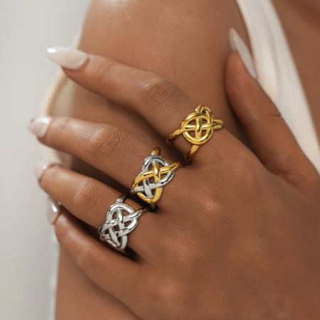 Bague tendance décontractée en acier inoxydable tissé, étanche, couleur or (1 pièce)