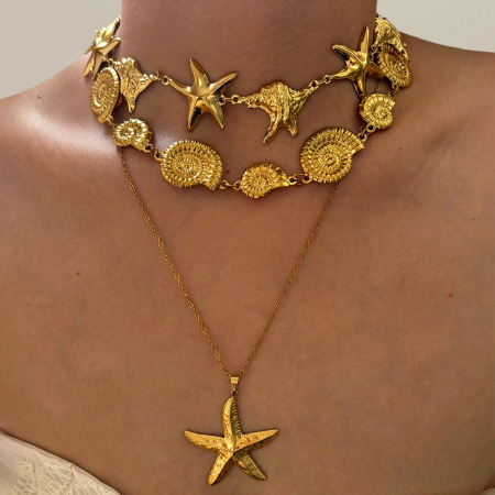 Collier pendentif étoile de mer en acier inoxydable étanche couleur or (1 pièce)