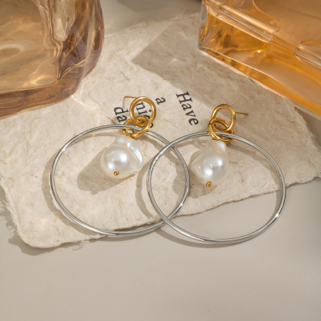 Boucles d'oreilles pendantes rondes en acier inoxydable étanche, couleur or, avec perles (1 paire). 2