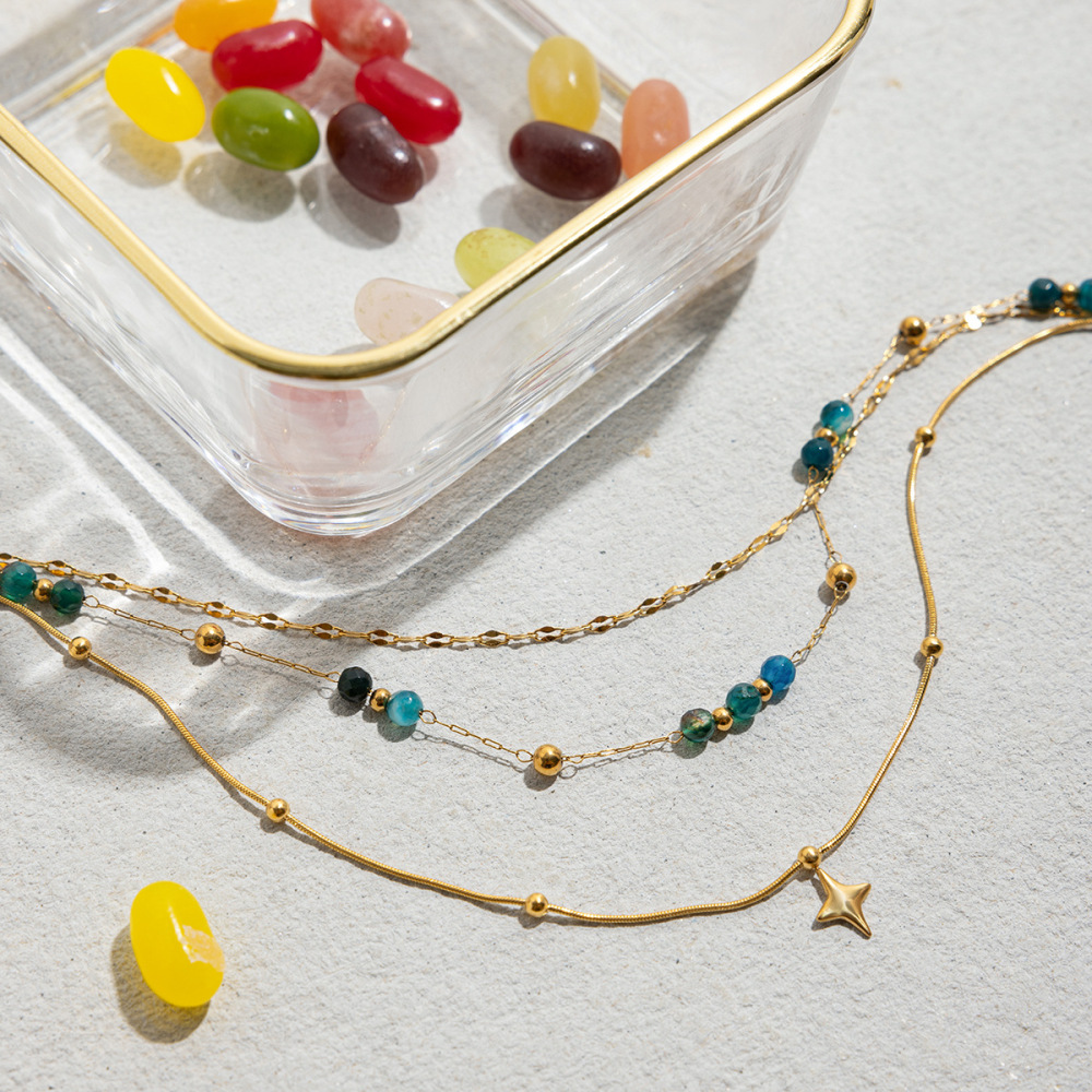 Collier À Plusieurs Rangs Pour Femme, Orné De Perles Rétro En Forme D'Étoile, En Acier Inoxydable Étanche Couleur Or (1 Pièce) Image5