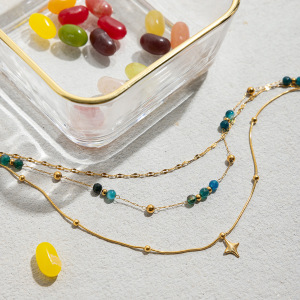 Collier À Plusieurs Rangs Pour Femme, Orné De Perles Rétro En Forme D'Étoile, En Acier Inoxydable Étanche Couleur Or (1 Pièce) h5 Image5