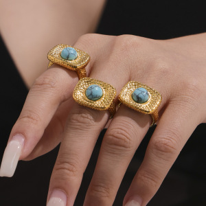 Ensemble De Bijoux Pour Femmes, 1 Pièce, Style Rétro Rectangulaire, En Acier Inoxydable Turquoise, Étanche, Couleur Or, Avec Pierre Naturelle. h5 Image5
