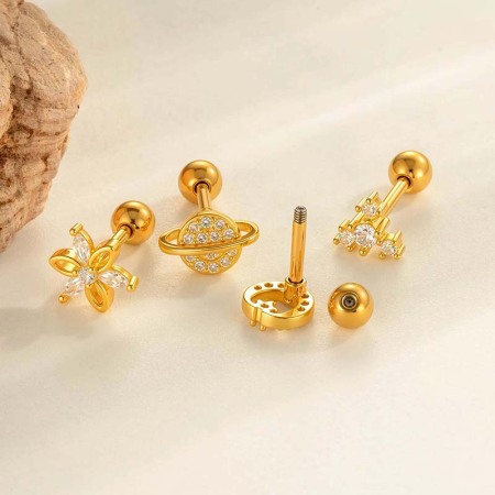 Boucle d'oreille piercing en forme de fleur, couleur cuivre et or, zircone 2