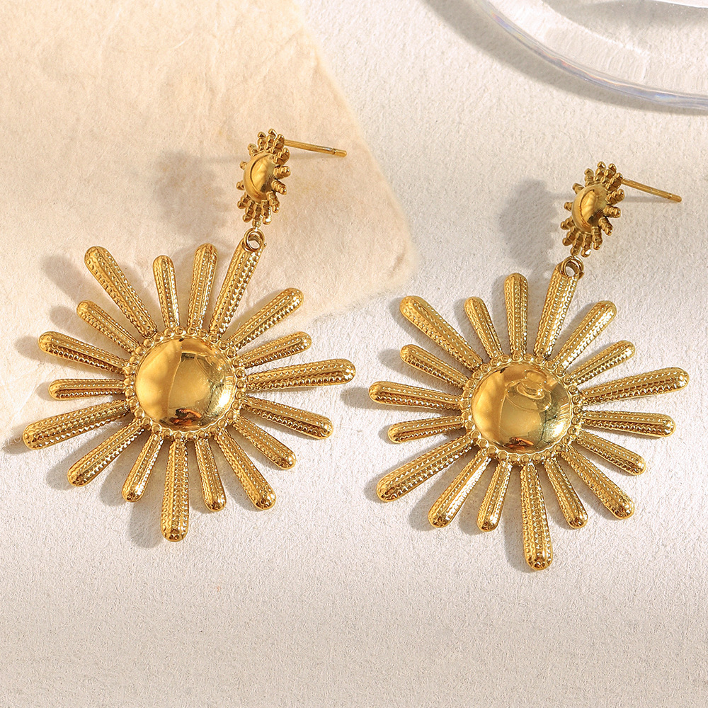 Boucles D'Oreilles Pendantes Pour Femme, En Acier Inoxydable Doré, Imperméables, En Forme De Soleil (1 Paire). Image3