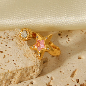 Bague Daily Star En Acier Inoxydable, Étanche, Couleur Or, Avec Zircon (1 Pièce). h5 Image5