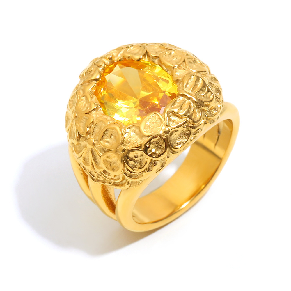 Bague De Luxe Rétro À Motif Floral En Acier Inoxydable Étanche Couleur Or (1 Pièce)