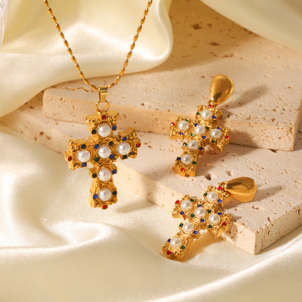 Colliers Pendentifs Pour Femmes Daily Cross En Acier Inoxydable Étanche Couleur Or Avec Zircon Image5