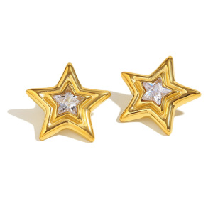 1 Paire De Boucles D'Oreilles Puces Classiques Et Simples En Forme D'Étoile, En Acier Inoxydable Étanche, Couleur Or, Pour Femme. h5 