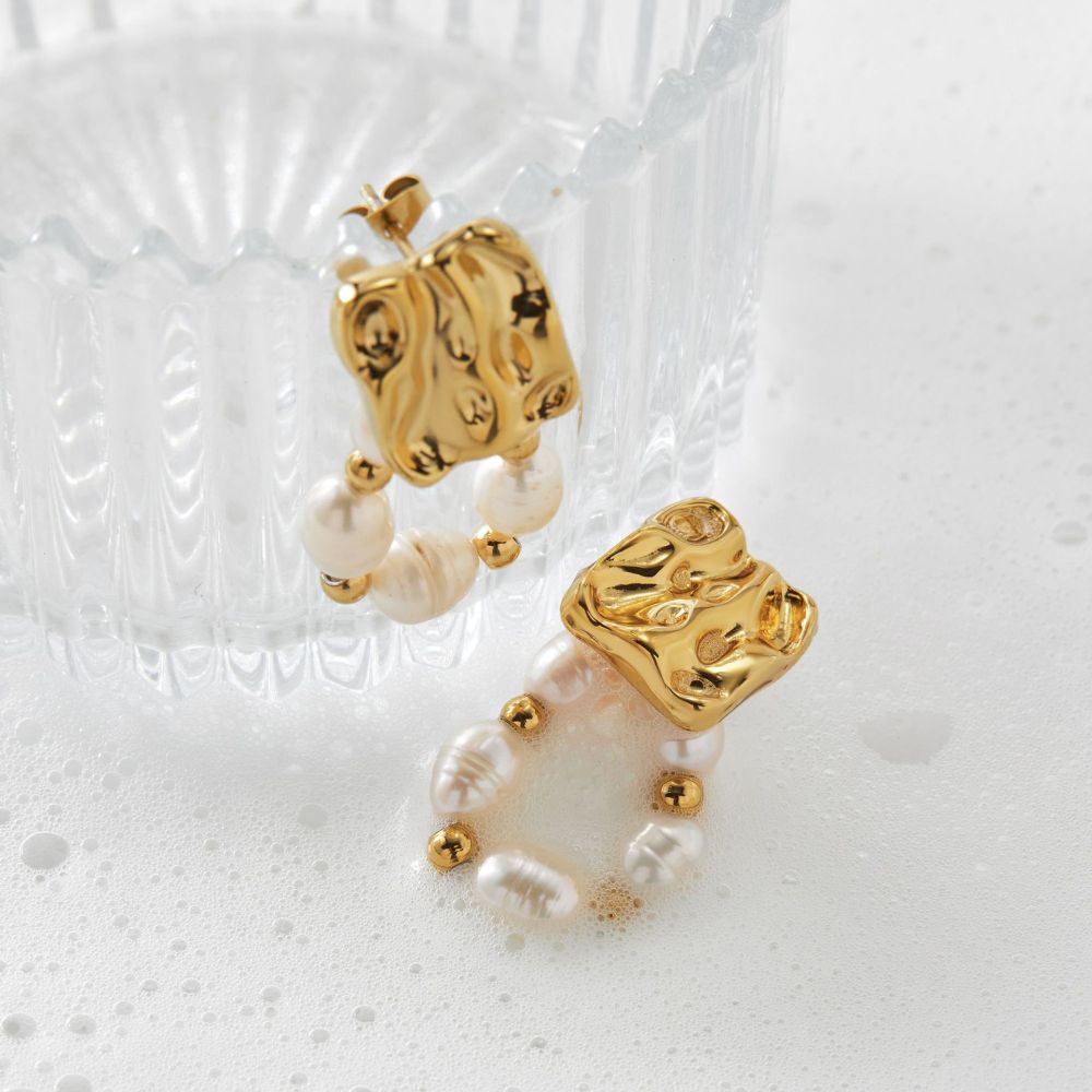 Boucles D'Oreilles Pendantes Pour Femme, Style Rétro, En Acier Inoxydable Imperméable, Ornées De Perles Et D'Un Motif Martelé. Image4