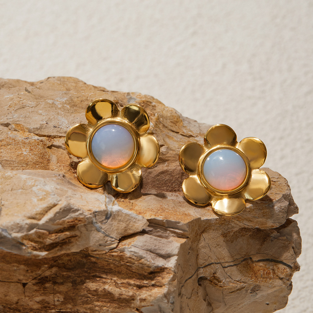 1 Paire De Boucles D'Oreilles Puces Classiques En Acier Inoxydable Doré, Ornées D'Une Fleur D'Opale. Image8