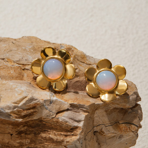 1 Paire De Boucles D'Oreilles Puces Classiques En Acier Inoxydable Doré, Ornées D'Une Fleur D'Opale. h5 Image8