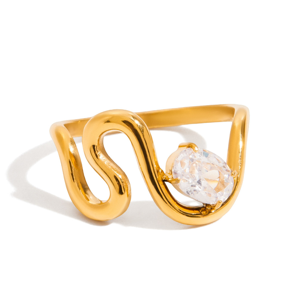 Bague Pour Femme En Acier Inoxydable Doré, Forme Incurvée, Étanche, Sertie De Pierres Précieuses (1 Pièce).
