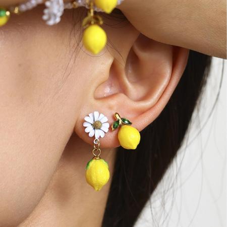Boucles d'oreilles pendantes pour femme, en acier inoxydable doré, motif citron naturel (1 paire).