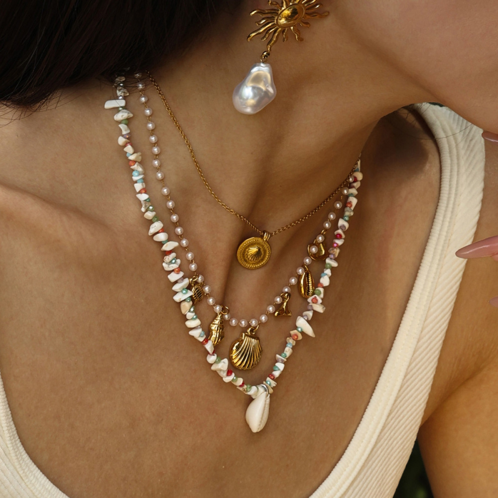 Collier De Perles Couleur Or En Pierres Naturelles De Coquillage, 1 Pièce Image5