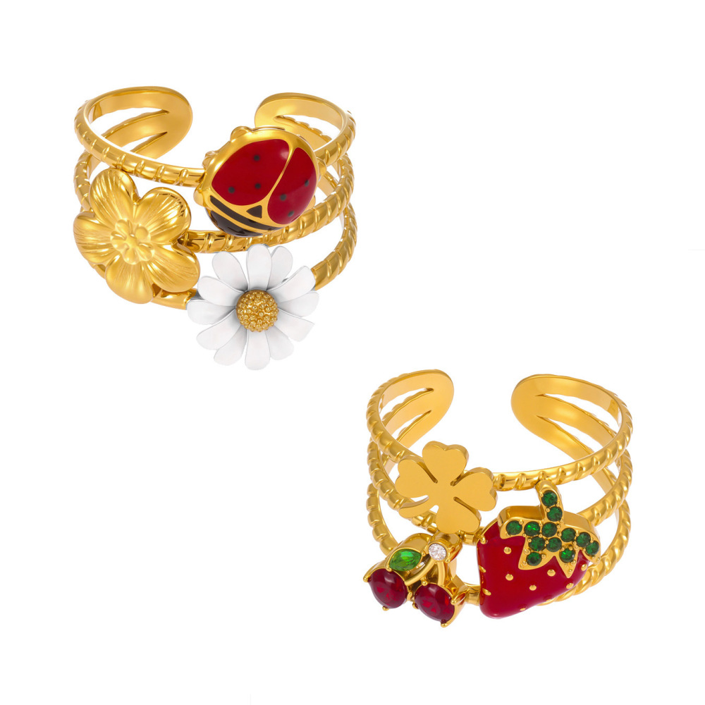 Bague Imposante En Acier Inoxydable Doré, Ornée D'Un Zircon Et Ornée D'Un Insecte Aux Couleurs Vives (1 Pièce). Image6