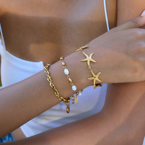 Bracelet À Maillons Pour Femme, Motif Étoile De Mer, En Acier Inoxydable, Étanche, Couleur Or (1 Pièce). h5 Image4
