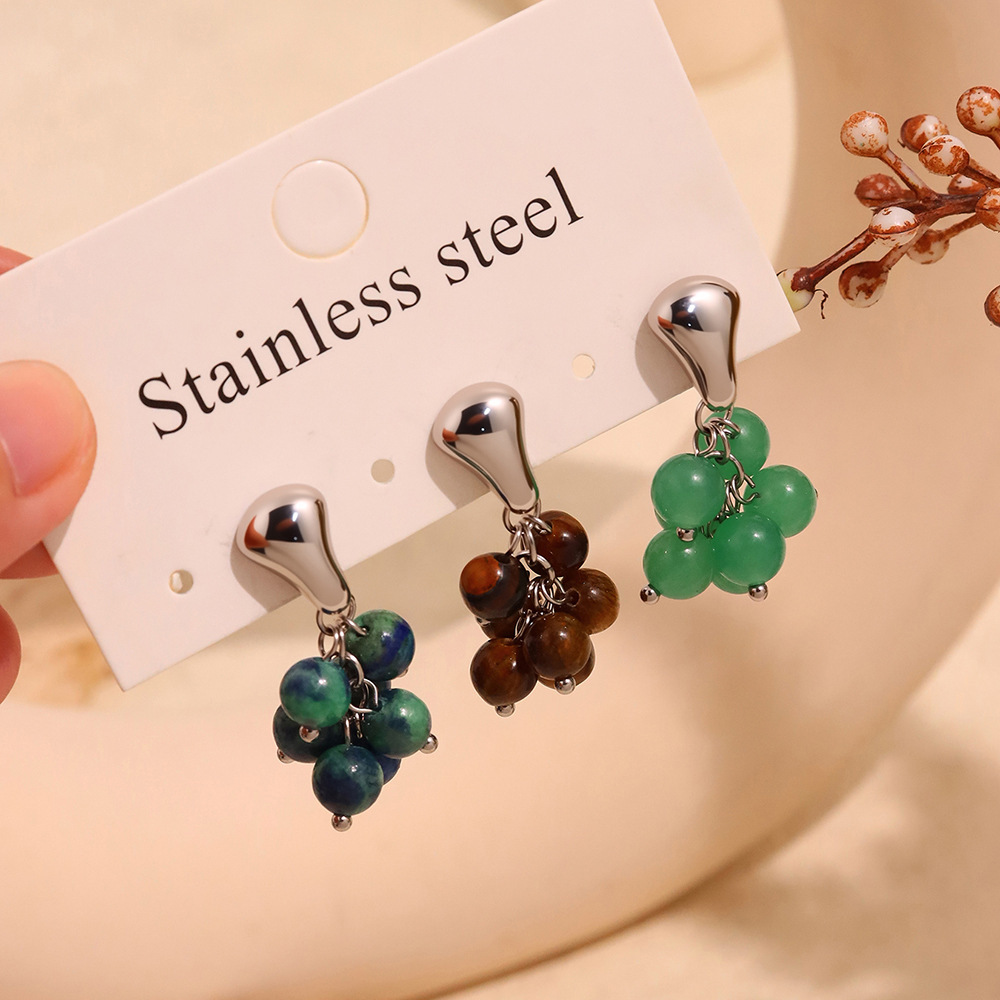 Boucles D'Oreilles Pour Femme, 1 Paire, Ornées De Perles Et De Pompons En Pierre Naturelle, En Acier Inoxydable Étanche, Couleur Or. Image3