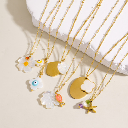 Collier pendentif femme simple en acier inoxydable étanche avec motifs de fleurs en coquillage