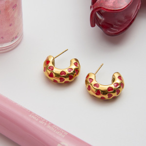 1 Paire De Boucles D'Oreilles Créoles Pour Femme, En Acier Inoxydable Doré, Imperméables, Avec Motif Cœur Rouge. h5 Image6