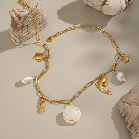 Collier pendentif en acier inoxydable, couleur or, avec coquillage naturel (1 pièce)