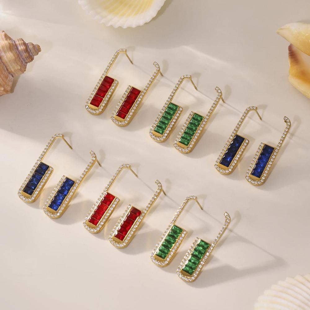 1 Paire De Boucles D'Oreilles Puces Luxueuses En Forme De U, En Acier Inoxydable Étanche, Ornées De Zircons Colorés. Image5