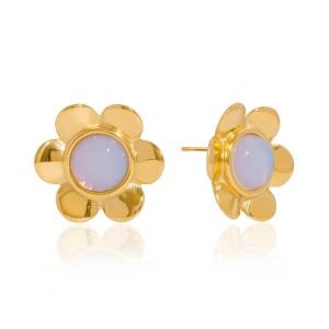 1 Paire De Boucles D'Oreilles Puces Classiques En Acier Inoxydable Doré, Ornées D'Une Fleur D'Opale. h5 