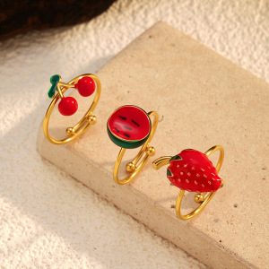 Bague Tendance En Acier Inoxydable Doré, Couleur Cerise, 1 Pièce h5 Image2