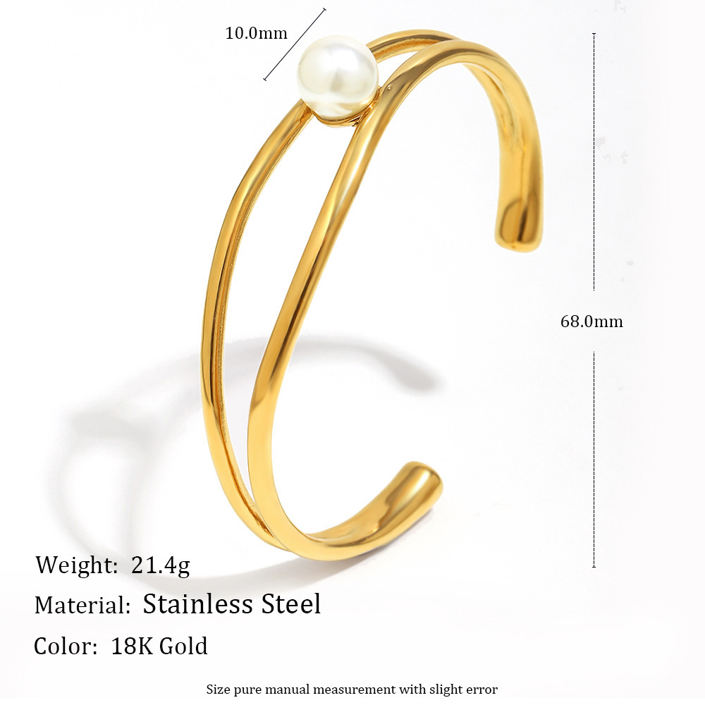 Bracelet Jonc Élégant Et Simple En Acier Inoxydable Imperméable Avec Perles Artificielles (1 Pièce) Image2
