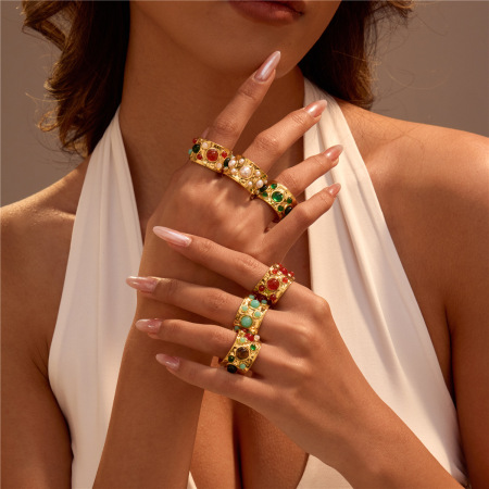 Bague en pierre naturelle, acier inoxydable, couleur or, 1 pièce