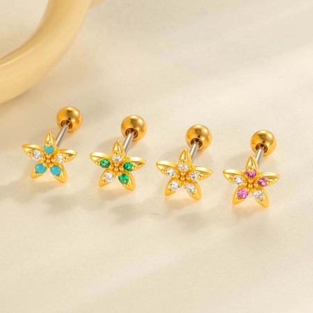Boucle d'oreille piercing fleur cuivre or zircon 1 pièce
