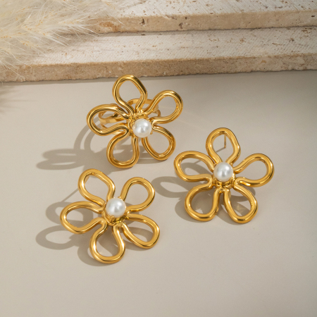 Ensemble de bijoux pour femme en acier inoxydable doré, motif floral romantique et délicat (1 paire).