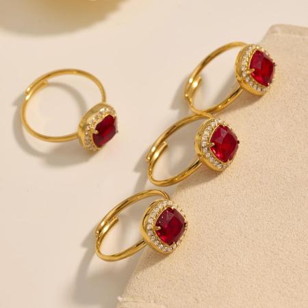 Ensemble de bijoux pour femme, 1 pièce, classique carré, en acier inoxydable, étanche, couleur or, zircon rouge