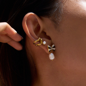 Boucles D'Oreilles Pendantes Pour Femme, En Acier Inoxydable Doré, Imperméables, Avec Nœud Papillon (1 Paire). h5 Image3